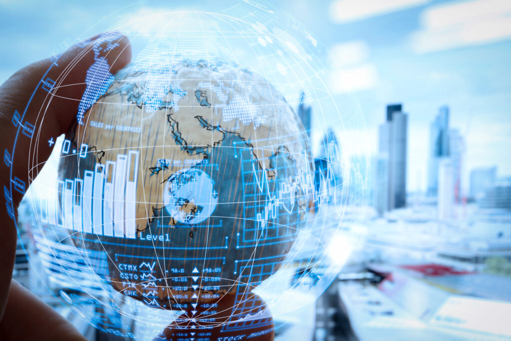 close up of businessman hand showing texture the world with digital social media network diagram concept